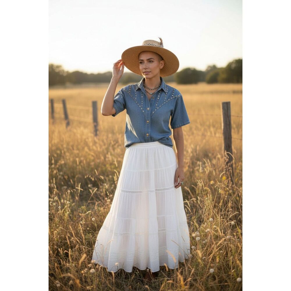Petite Sophisticate Vintage 80s Studded Denim Structured Blouse Approx Size  S/M